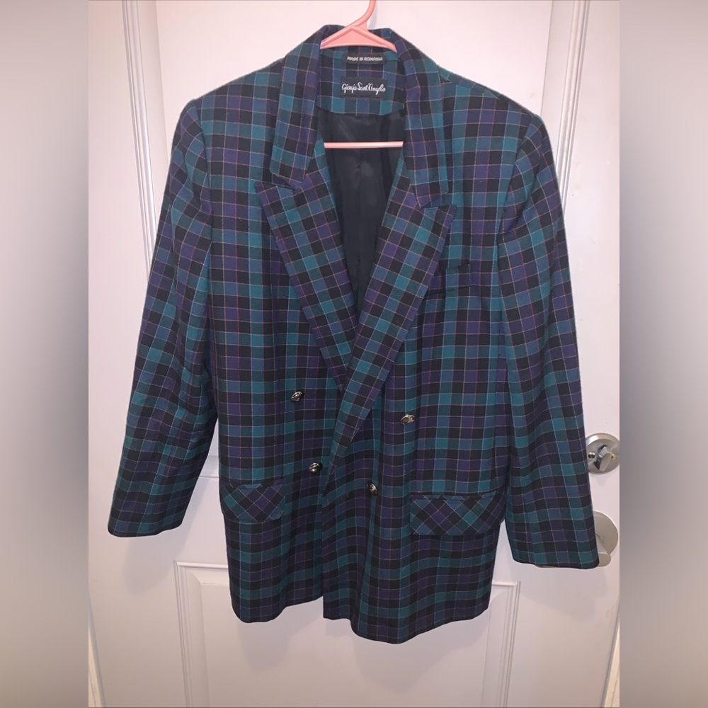 Giorgio Sant Angelo Green Plaid 100% Pure Wool Blazer Size 12